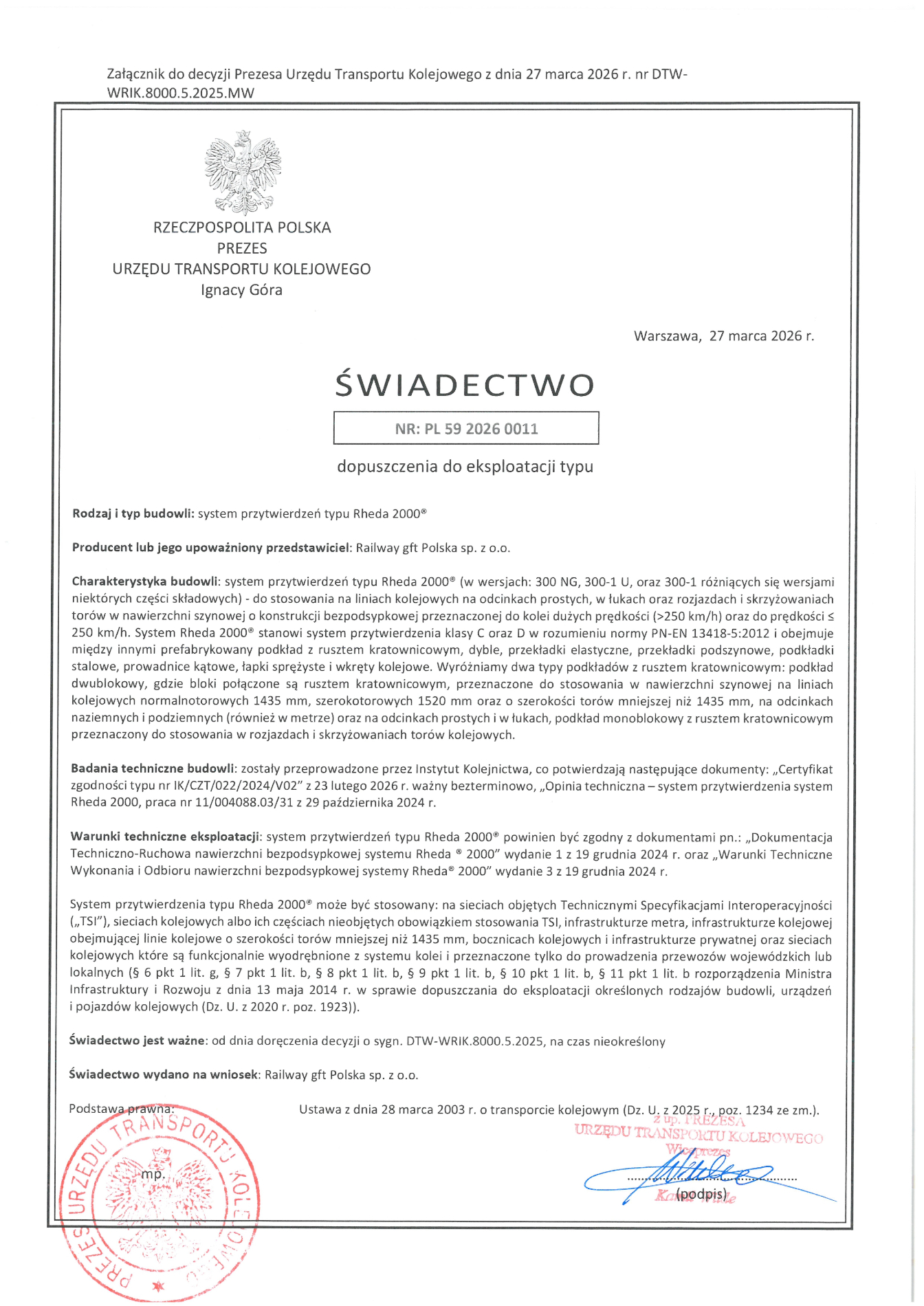 Certificate of Approval for the Rheda 2000 System for speeds exceeding 250 km/h
